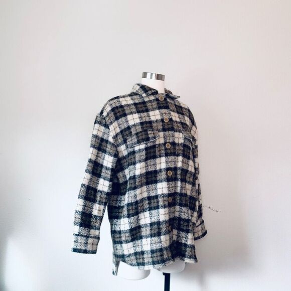 Banana Republic Brown Tan Wool Plaid Jacket Shacket Black Long Small - Picture 3 of 8